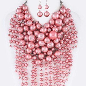 Pink Waterfall Pearl Statement Necklace Set